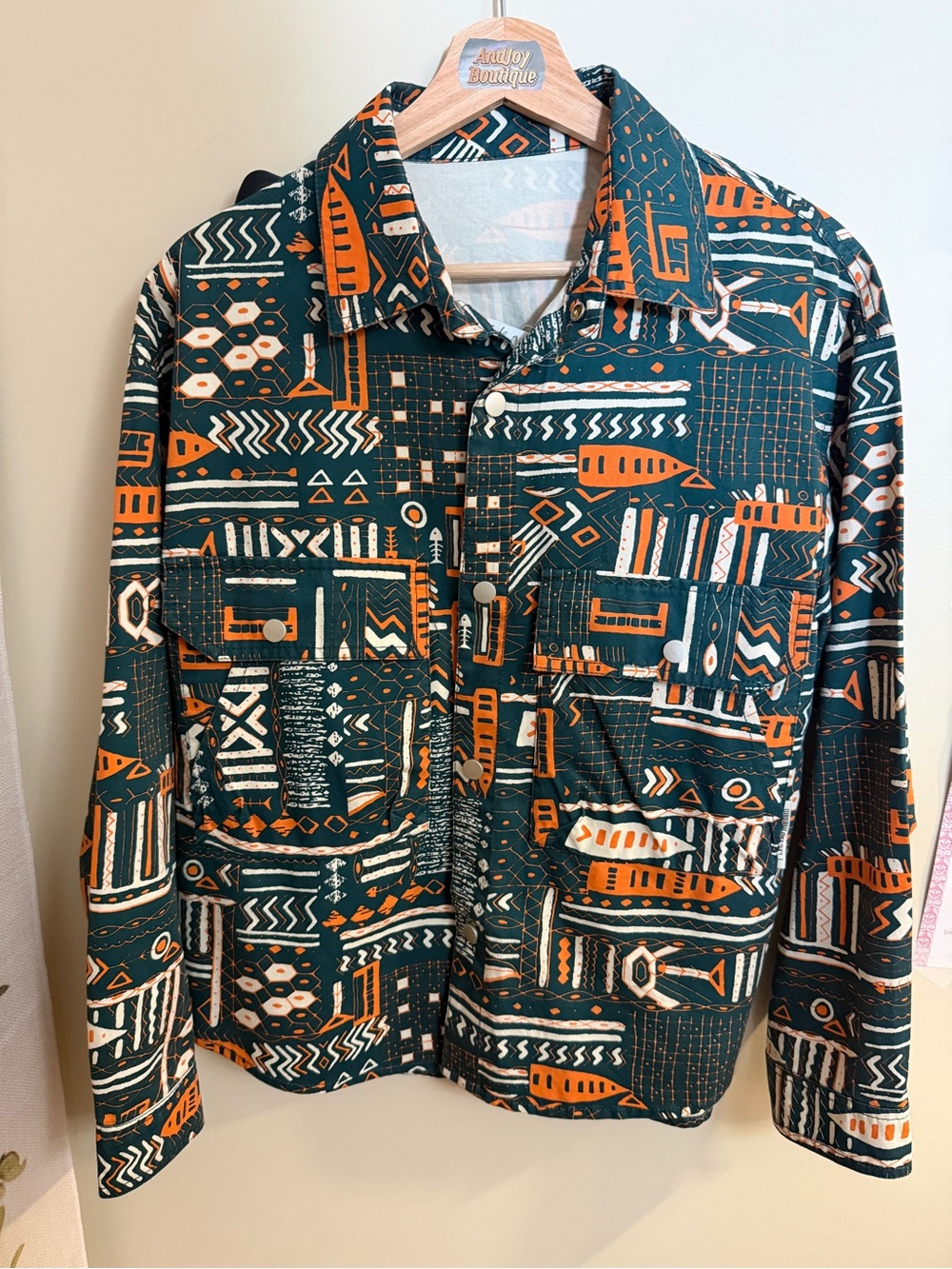 Men's Patterned Green & Orange Jacket - Casual Button-Up Coat